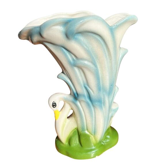 Vtg Swan Ceramic Vase Planter Blue Green White MCM Unsigned McCoy Pottery Retro - Picture 2 of 16